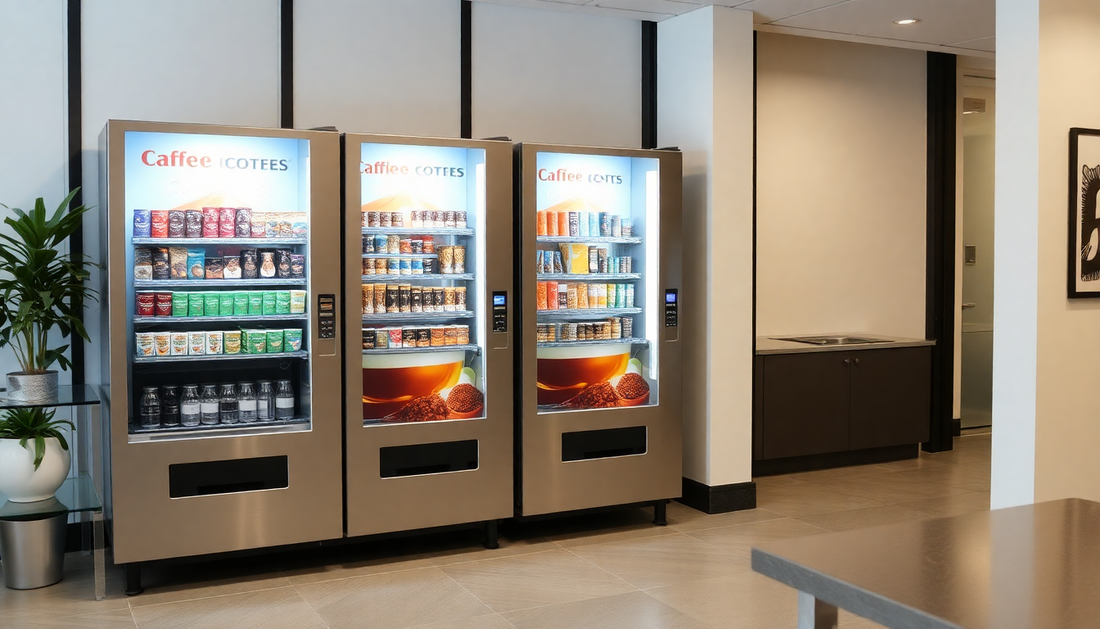 Three Atlantis Classic 3 OPTION COFFEE MACHINE units side by side in a modern office break area