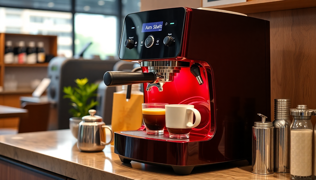 Atlantis coffee machine Sector 32 Noida brewing espresso with cups in modern kitchen setting