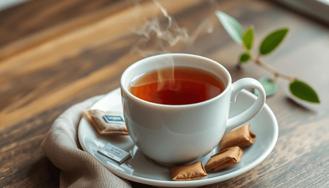 A steaming cup of Assam tea with tea bags