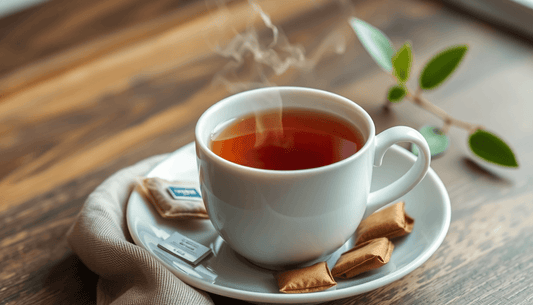 A steaming cup of Assam tea with tea bags