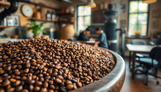 Fresh roasted coffee beans in a rustic office setting