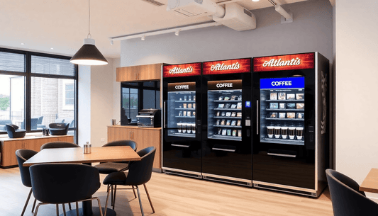 A sleek Atlantis three-lane coffee vending machine in office
