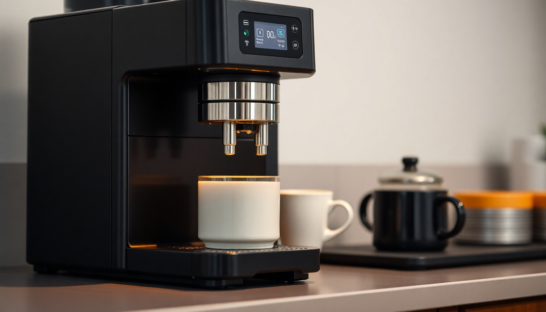 A sleek fully automatic coffee machine brewing coffee