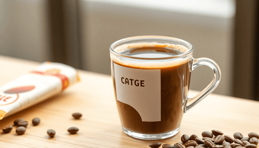 A cup of rich coffee with coffee premix packaging