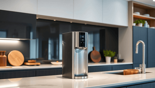 A sleek water dispenser in a modern kitchen setting