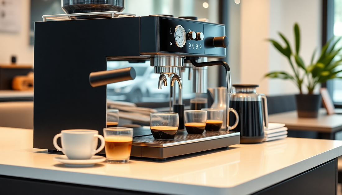 Modern coffee machine brewing fresh coffee in office