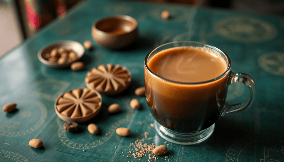 A steaming cup of Mumbai style masala chai on a table