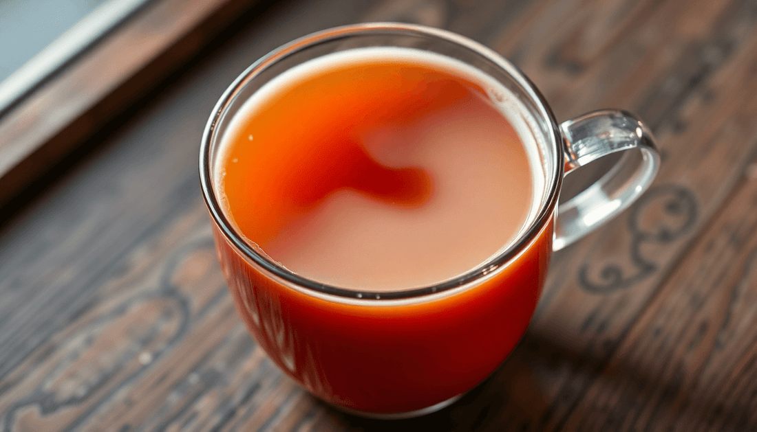 A steaming cup of instant tea with milk and sugar