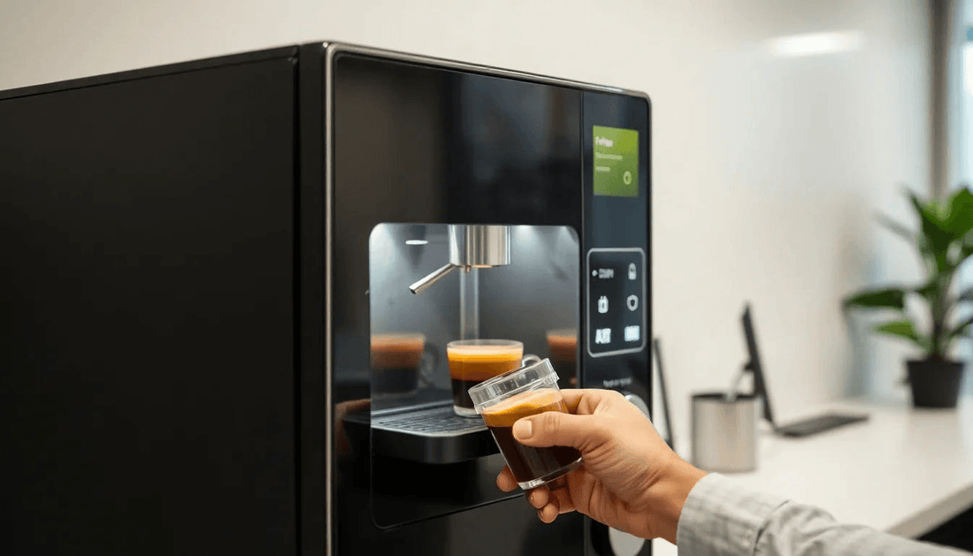 A coffee vending machine dispensing fresh coffee in East Delhi office
