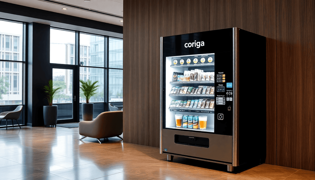 A modern coffee vending machine in an office lobby