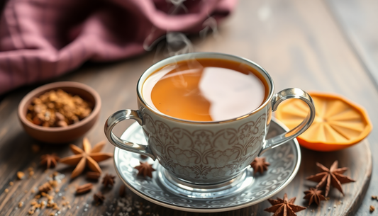A steaming cup of masala chai with spices