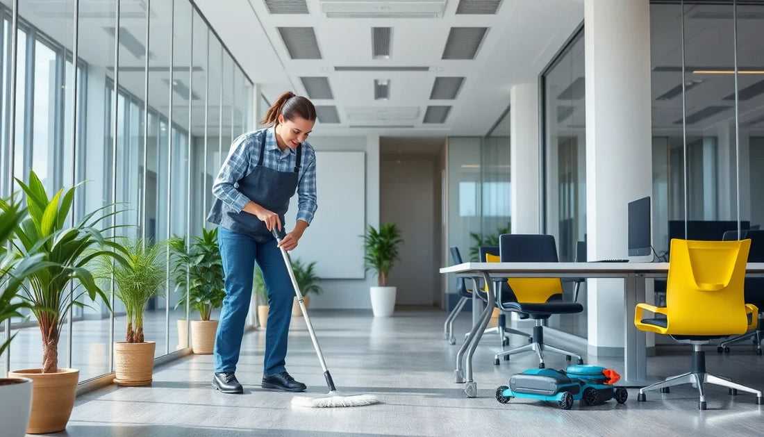 Professional housekeeping services in Noida cleaning a modern office with large windows and plants