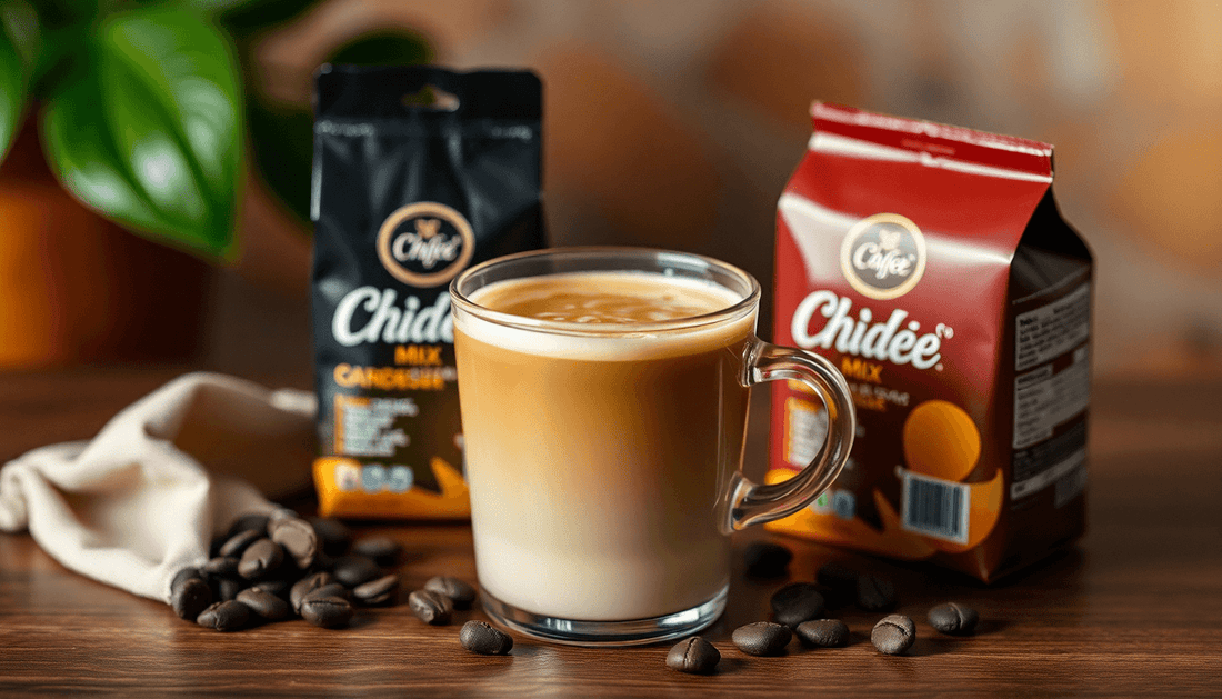 A cup of cold coffee with coffee premix packaging