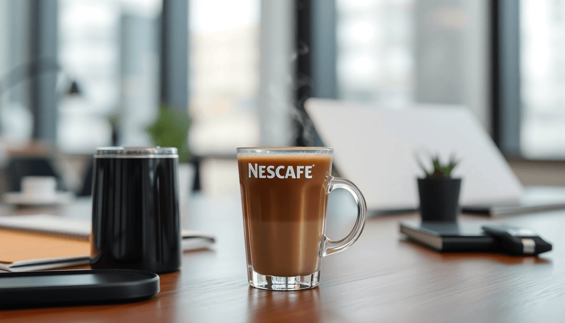 A steaming cup of NESCAFE coffee on office desk