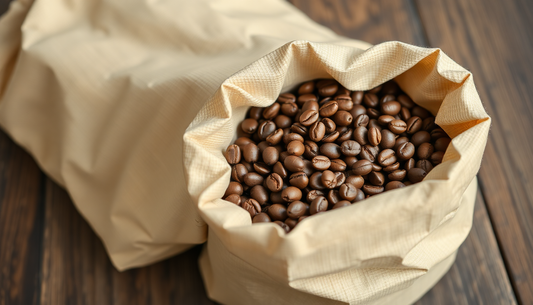 Bag of fresh roasted coffee beans on wooden table