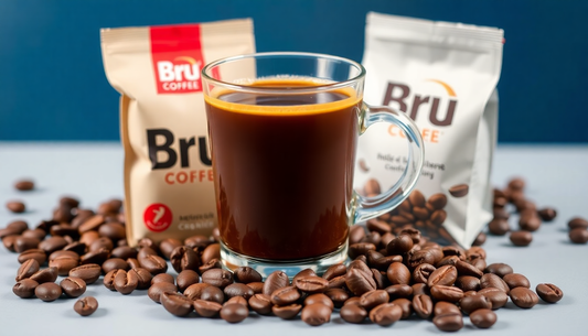 A cup of Bru Coffee premix with coffee beans and packaging