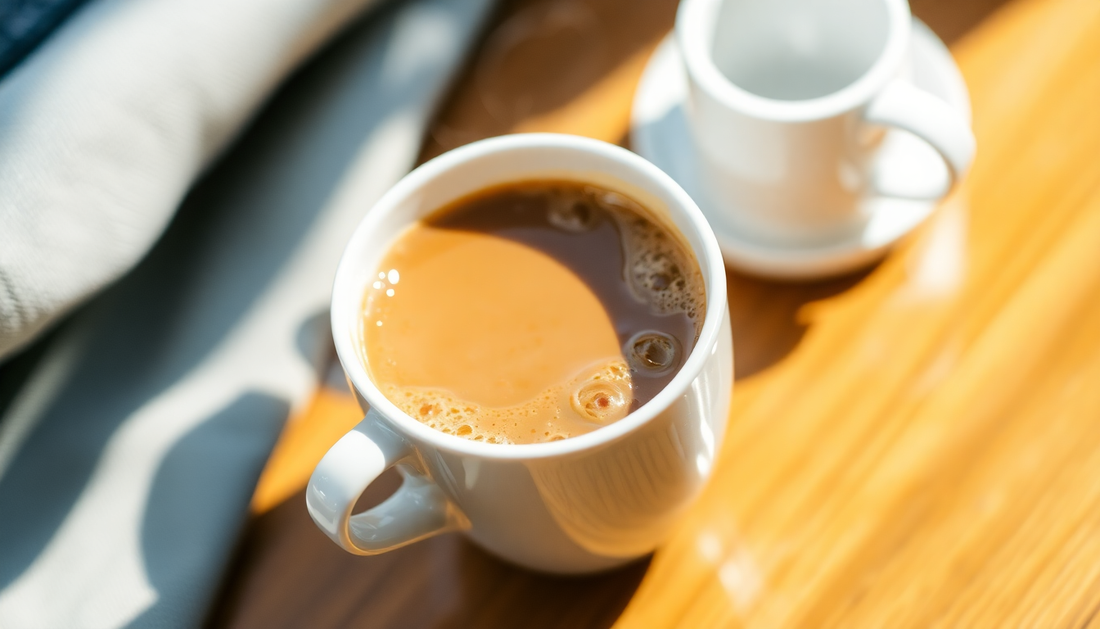 A steaming cup of instant coffee on a wooden table