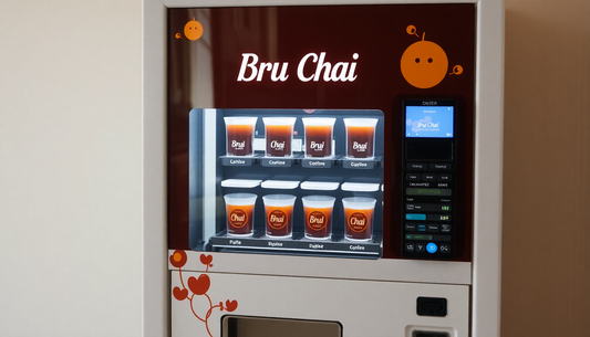 A tea vending machine dispensing Bru Chai tea