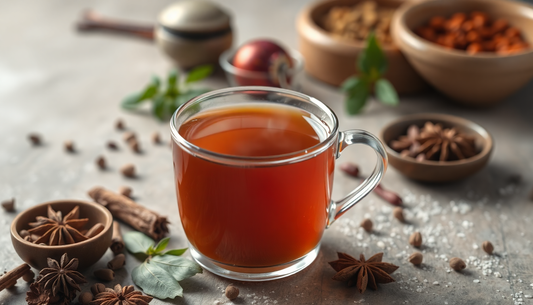 A steaming cup of masala tea with spices around