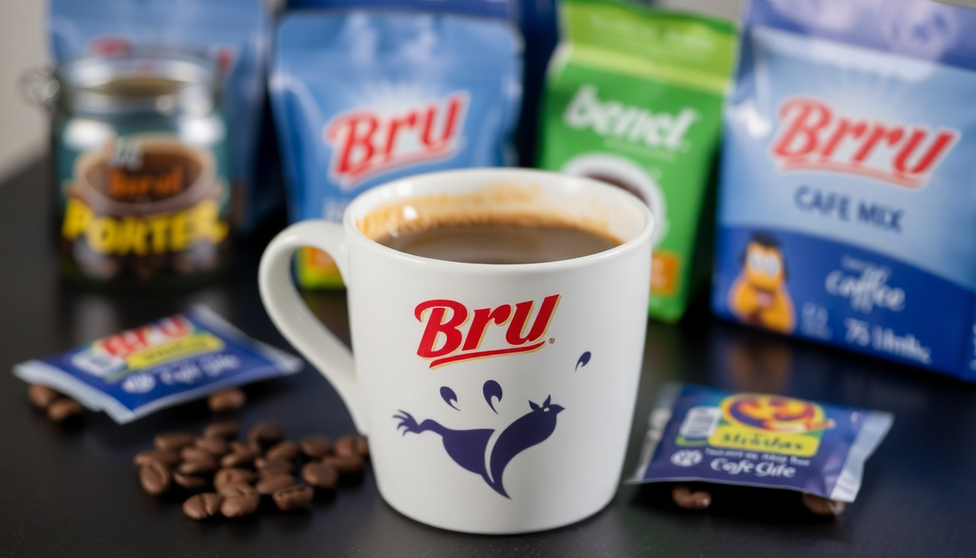 A cup of hot BRU coffee premix with coffee packets