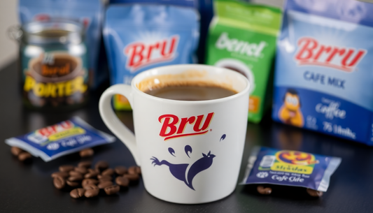 A cup of hot BRU coffee premix with coffee packets