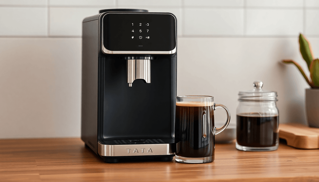 A sleek Tata My Bistro coffee machine brewing fresh coffee