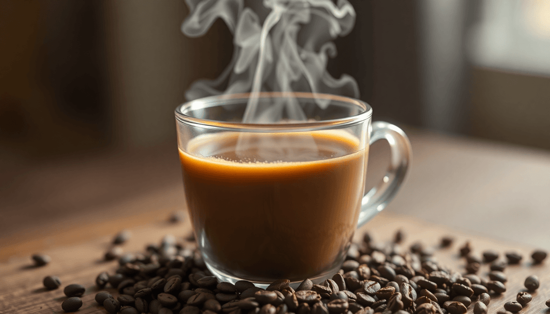 A steaming cup of freeze dried Arabica coffee