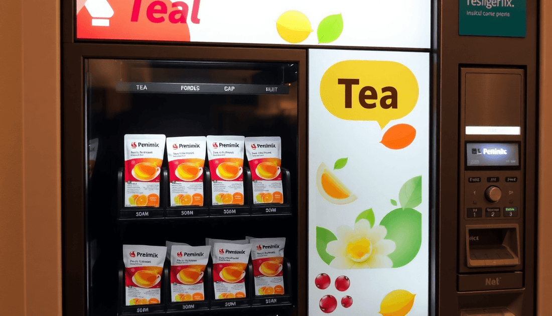 A vending machine dispensing tea premix packets