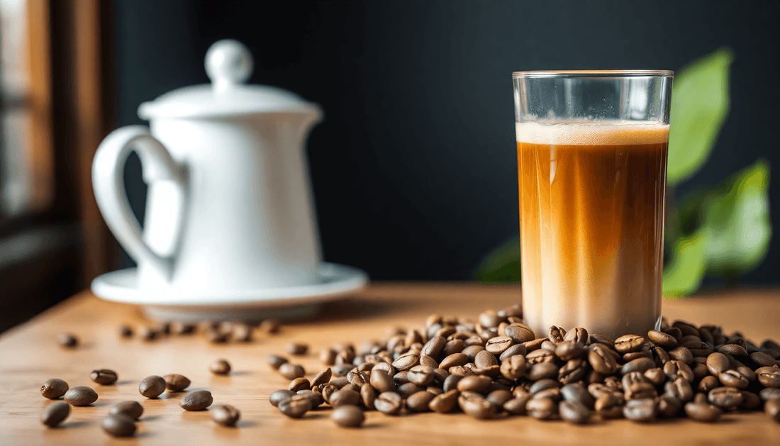 A glass of strong cold coffee with coffee beans