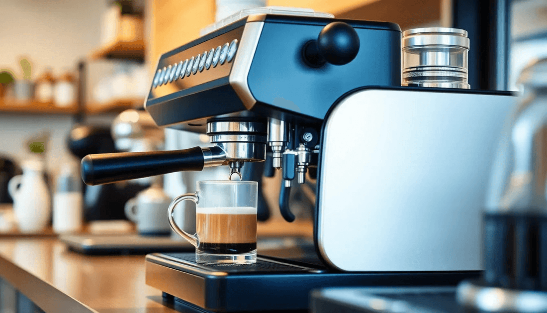 A modern coffee machine brewing coffee in a café