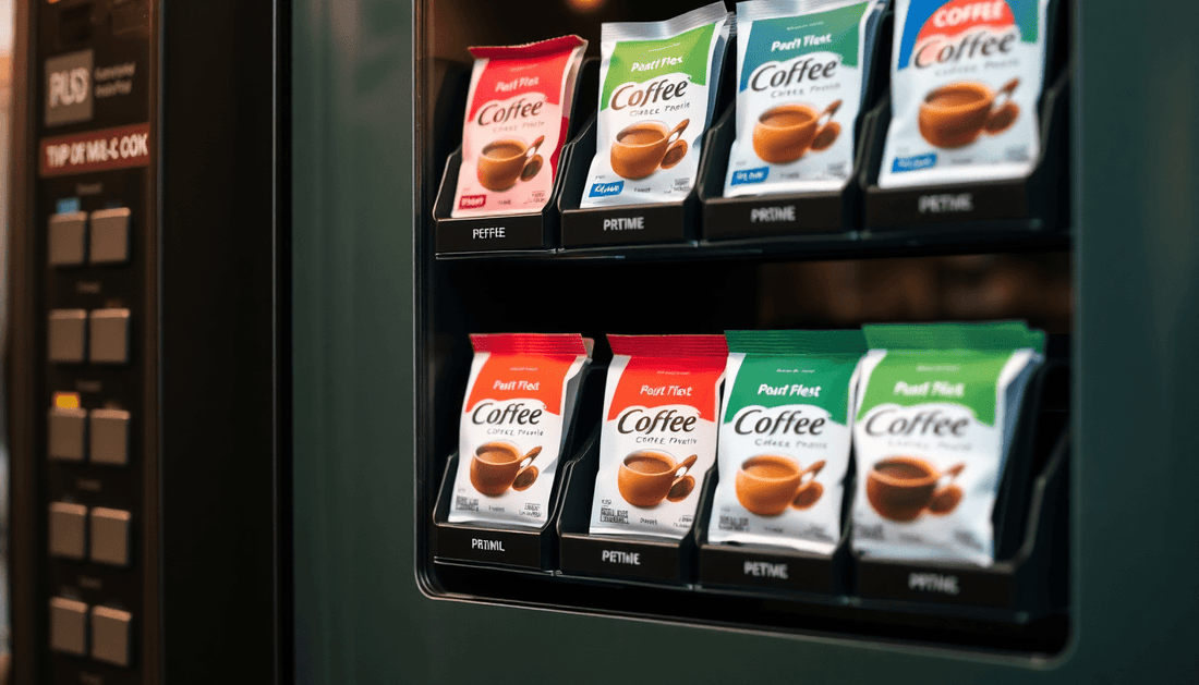 Coffee premix packets next to a vending machine dispenser