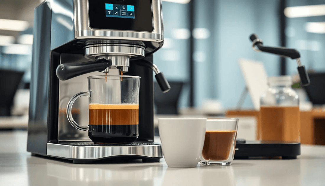 A modern coffee machine brewing fresh coffee in office