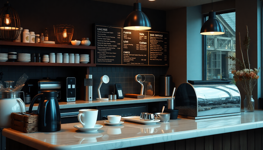 A cozy cafe counter with coffee and menu display