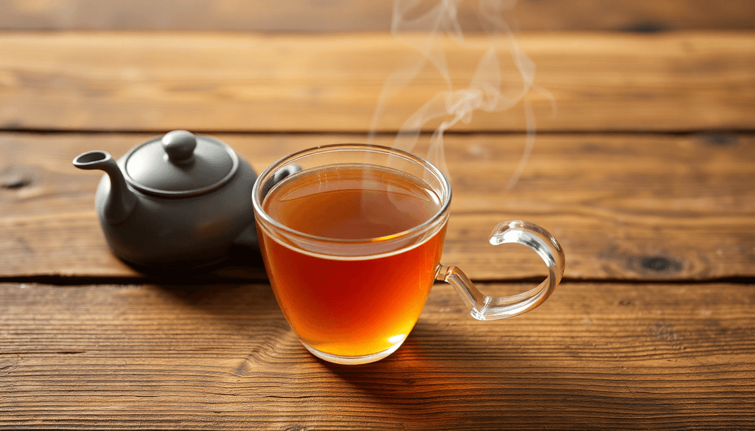 A cup of steaming instant tea on a wooden table