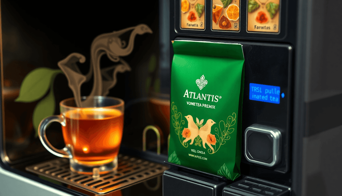 A steaming cup of Atlantis Tea Premix with tea vending machine