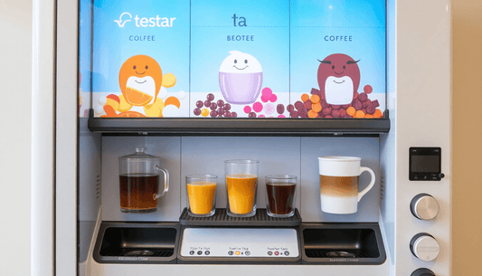 Modern vending machine dispensing tea and coffee
