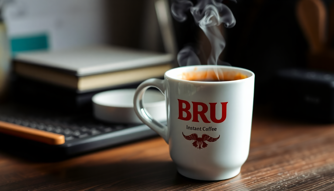 A steaming cup of BRU instant coffee on a desk