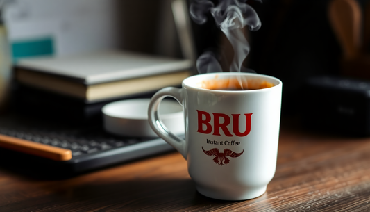 A steaming cup of BRU instant coffee on a desk