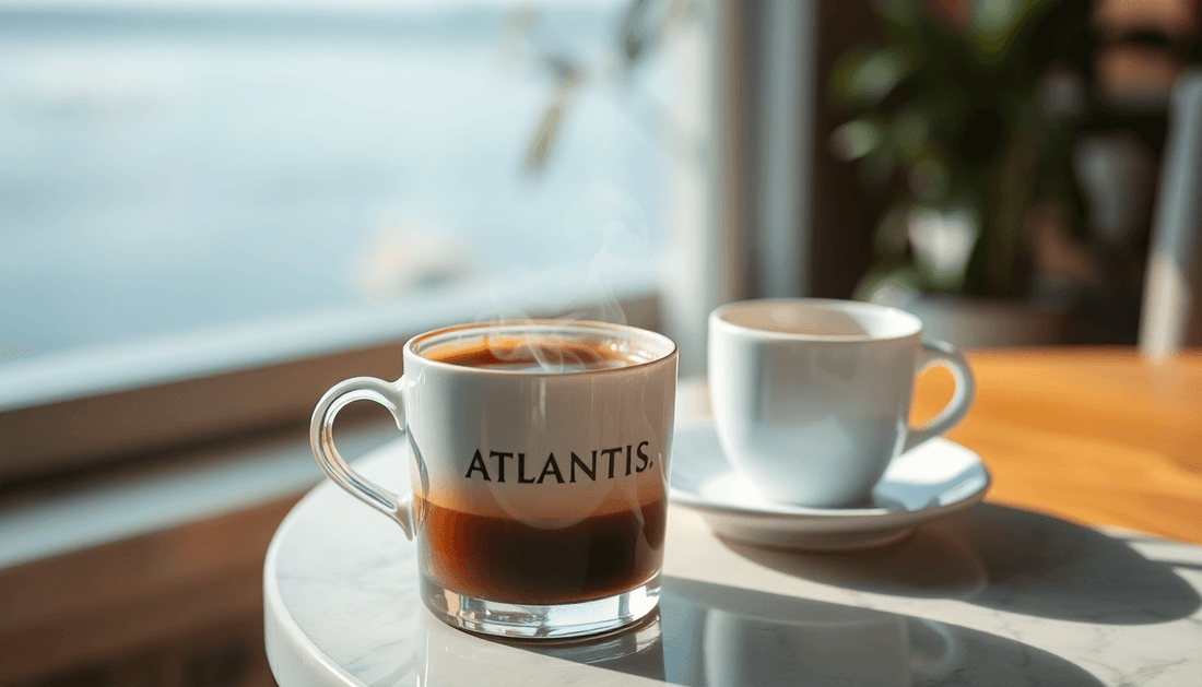 A cup of steaming Atlantis Kadak coffee on a table