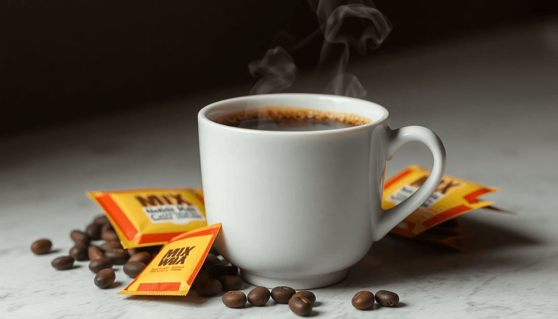 A steaming cup of coffee with premix packets