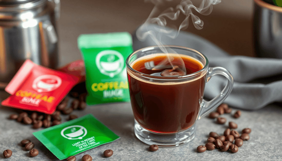 A steaming cup of 3 in 1 instant coffee beside coffee sachets