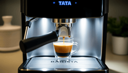 A Tata Barista coffee machine brewing fresh coffee