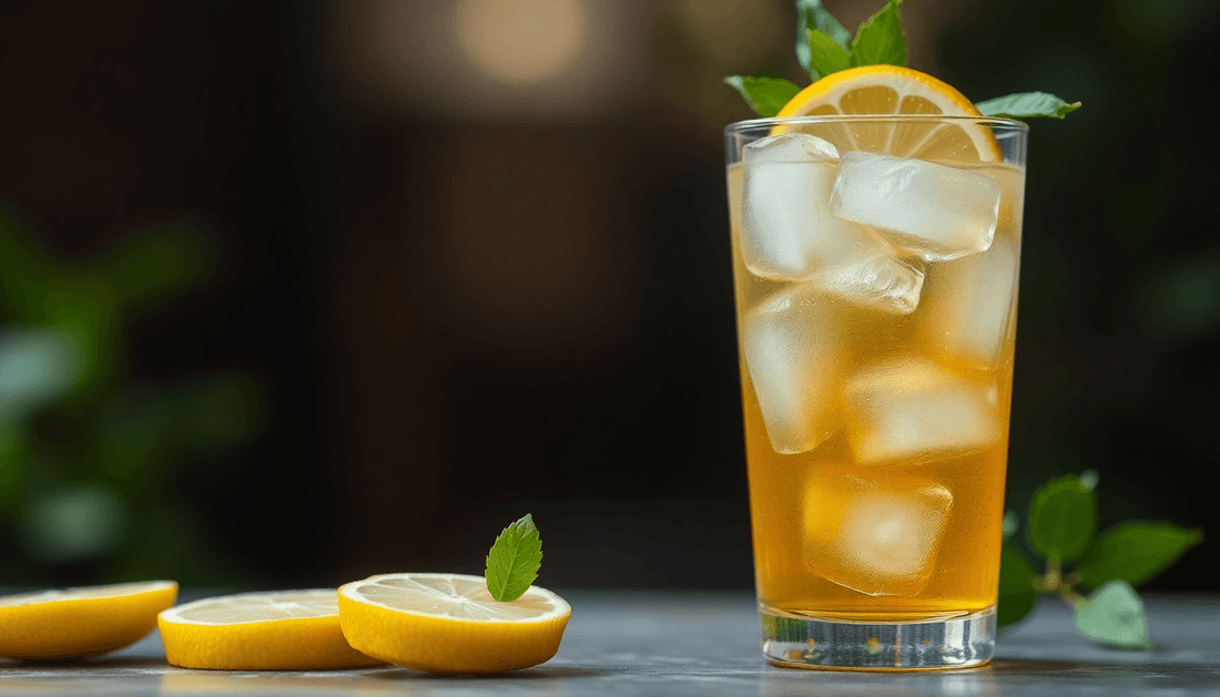 A refreshing glass of iced lemon tea with ice cubes