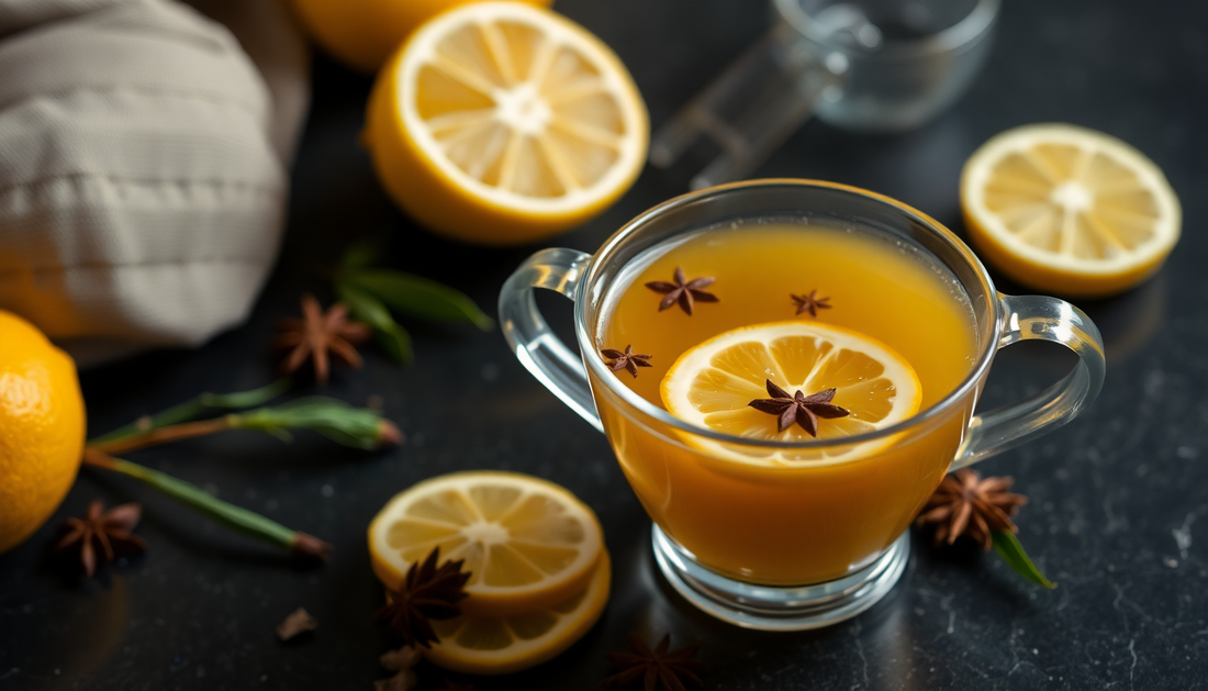 A cup of steaming lemon masala tea with spices