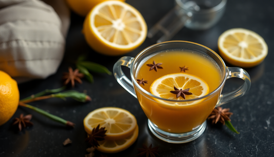 A cup of steaming lemon masala tea with spices