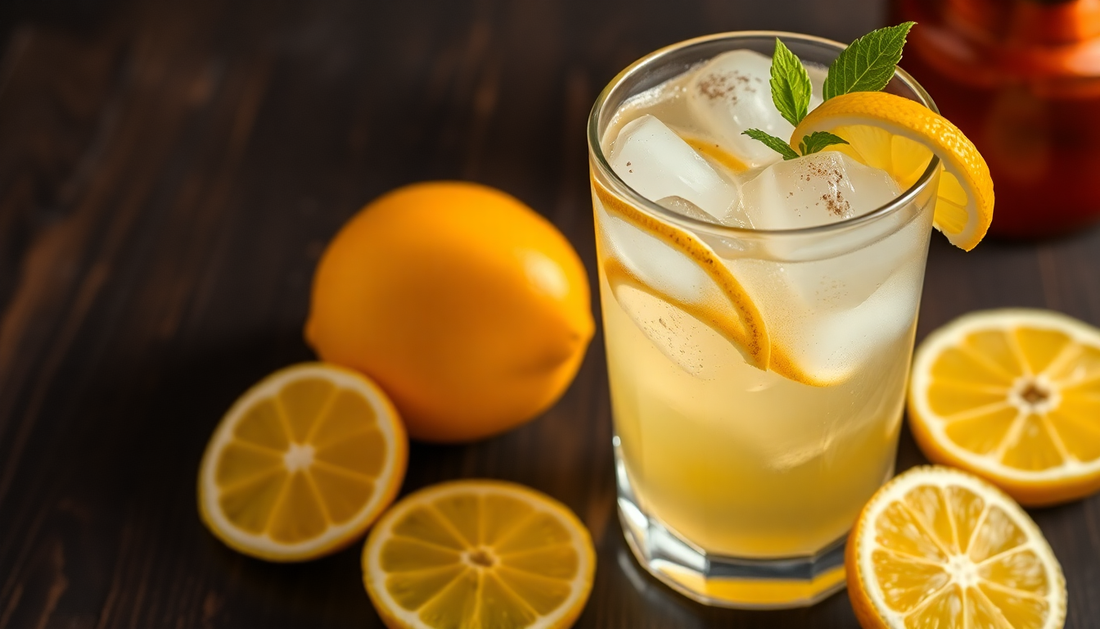 A refreshing glass of spiced lemon drink with ice cubes