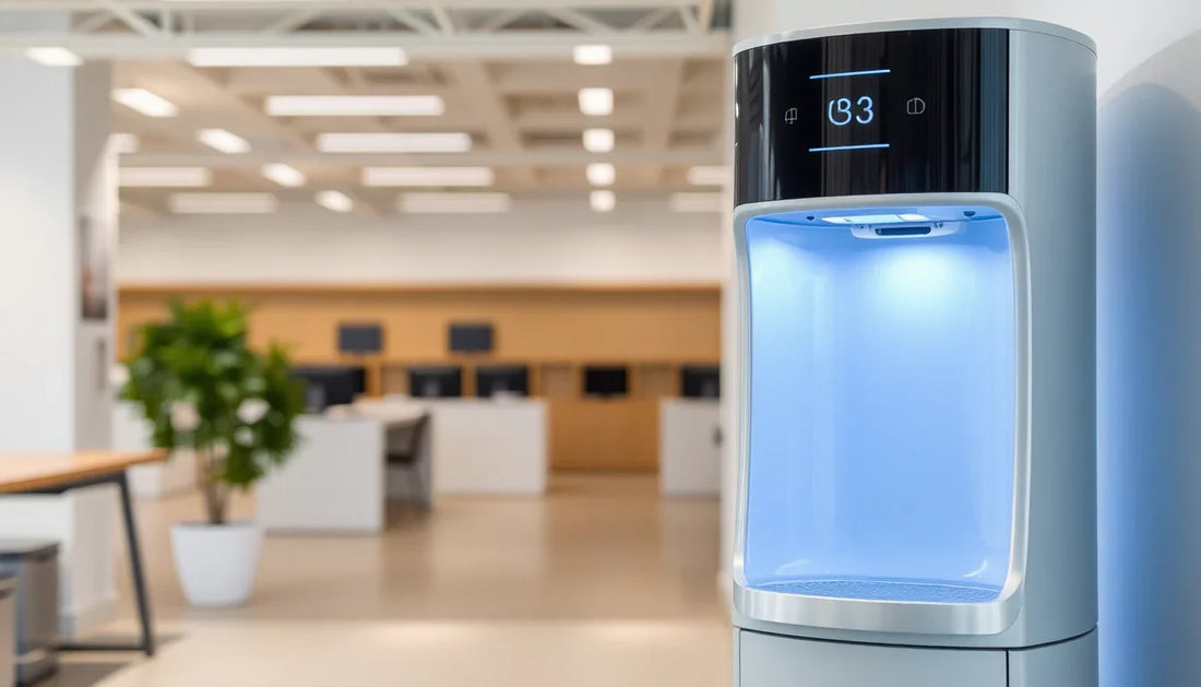 A modern drinking water dispenser in an office setting