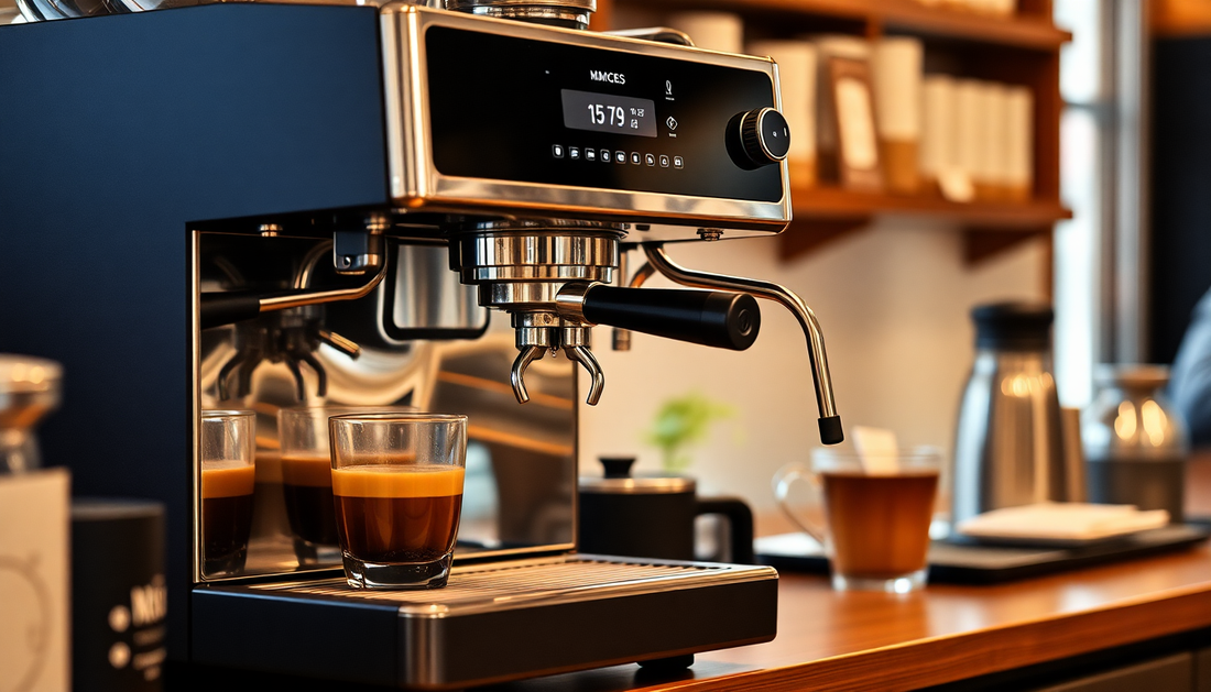 Modern coffee machine brewing fresh coffee in a café