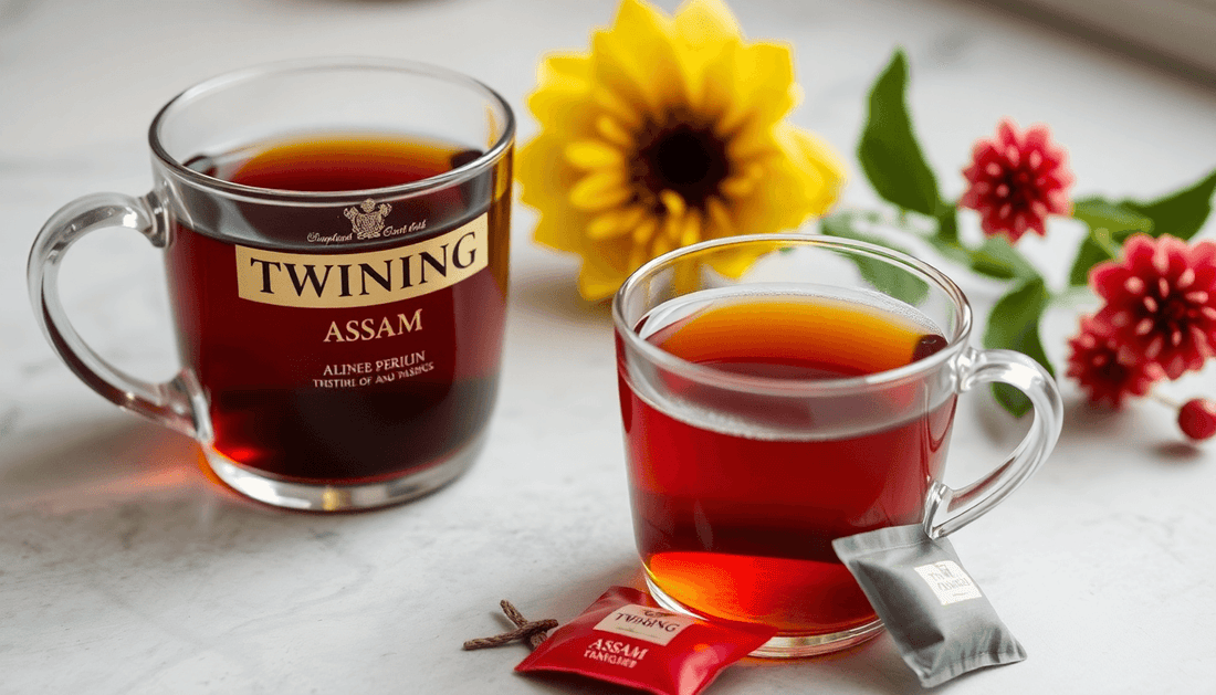 A cup of Twinings Assam tea with tea bags