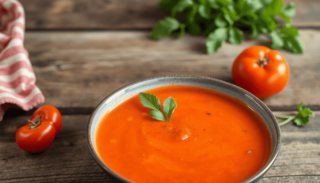 A bowl of healthy tomato soup on a rustic wooden table